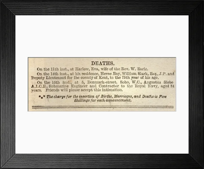 Framed Print : Obituary 20th April 1872