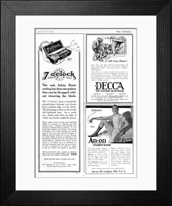 Framed Print : Safety razor advert, Decca ad, An-on underwear ad Framed Print : Safety razor advert, Decca ad, An-on underwear ad