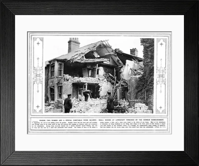 Framed Print : Lowestoft bombardment - damaged houses, 1916 Framed Print : Lowestoft bombardment - damaged houses, 1916