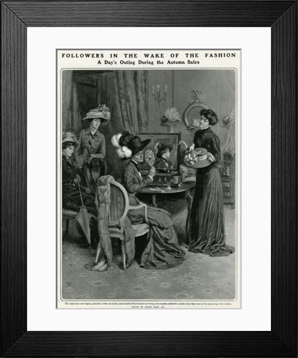 Framed Print : Woman trying on an array of hats in the Autumn sale 1909 Framed Print : Woman trying on an array of hats in the Autumn sale 1909
