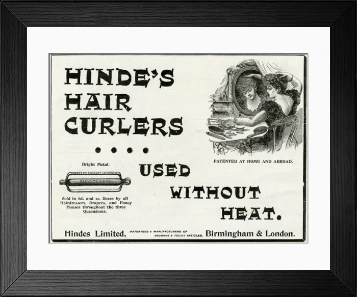 Framed Print : Advert for Hindes Limited hair curler 1893 Framed Print : Advert for Hindes Limited hair curler 1893