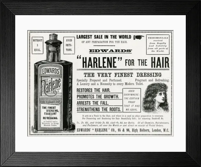 Framed Print : Advert for Edwards Harlene hair product 1896