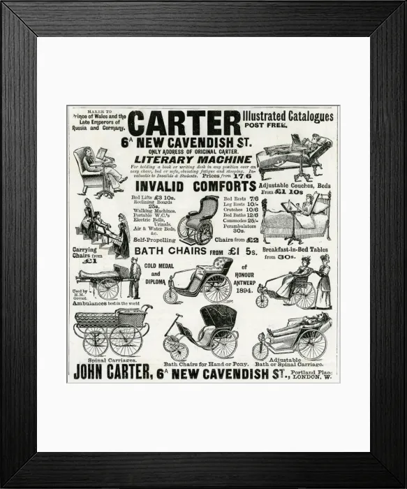 Framed Print : Advert for Carter wounded or invalid chairs 1896 Framed Print : Advert for Carter wounded or invalid chairs 1896