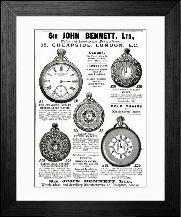 Framed Print : Advert for John Bennett pocket watches 1892