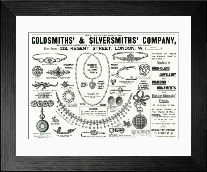 Framed Print : Advert for Goldsmiths & Silversmiths novelty jewelley 1896 Framed Print : Advert for Goldsmiths & Silversmiths novelty jewelley 1896