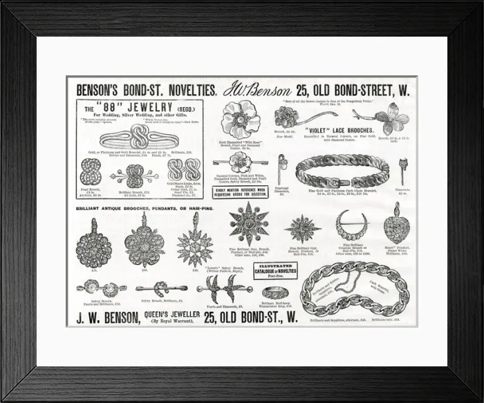 Framed Print : Advert for J. W Benson novelty jewellery 1888 Framed Print : Advert for J. W Benson novelty jewellery 1888