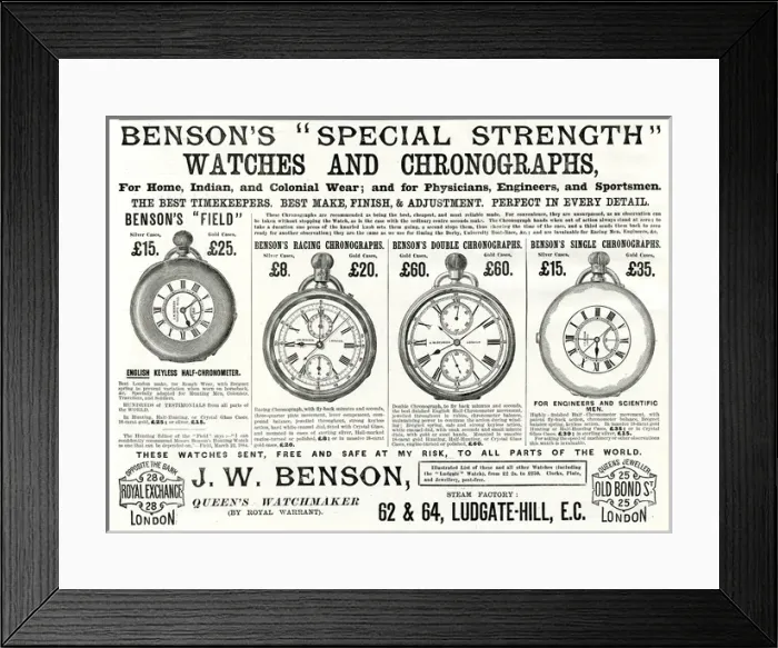Framed Print : Advert for Bensons pocket watches with roman numerals 1888 Framed Print : Advert for Bensons pocket watches with roman numerals 1888