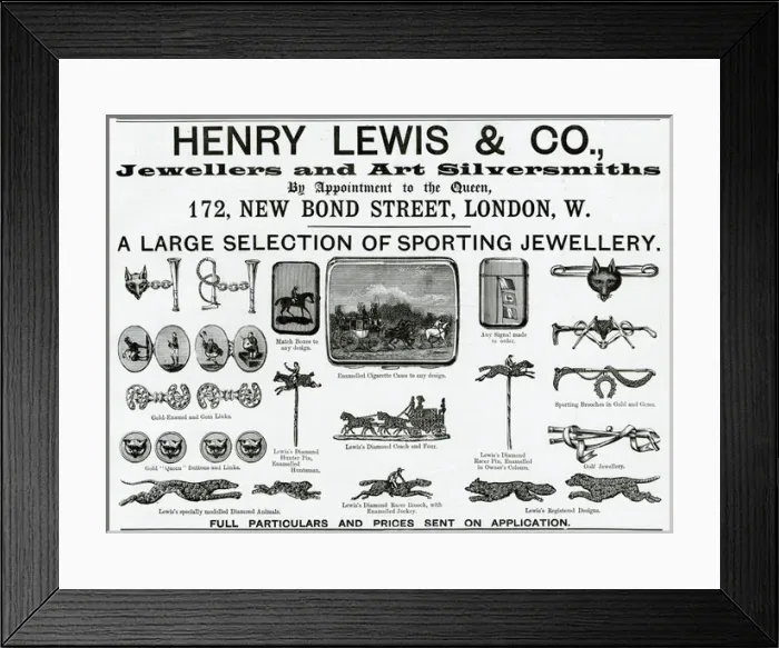 Framed Print : Advert for Henry Lewis & Co novelty sporting jewellery 1893 Framed Print : Advert for Henry Lewis & Co novelty sporting jewellery 1893