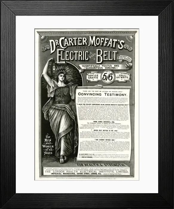 Framed Print : Advert for Dr Carter Moffats electric body belt 1893 Framed Print : Advert for Dr Carter Moffats electric body belt 1893