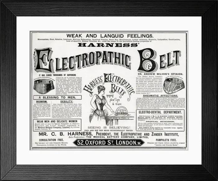 Framed Print : Advert for Harness Electropathic Corset Belts 1892 Framed Print : Advert for Harness Electropathic Corset Belts 1892