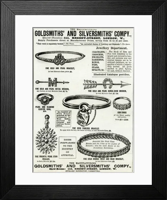 Framed Print : Advert for Goldsmiths & Silversmiths jewellery 1886