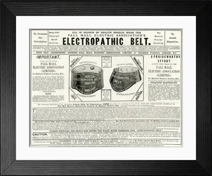 Framed Print : Advert for Electropathic Belt 1882 Framed Print : Advert for Electropathic Belt 1882