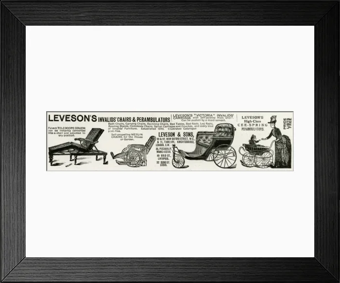 Framed Print : Advert for Levesons invalid chairs & perambulators 1889