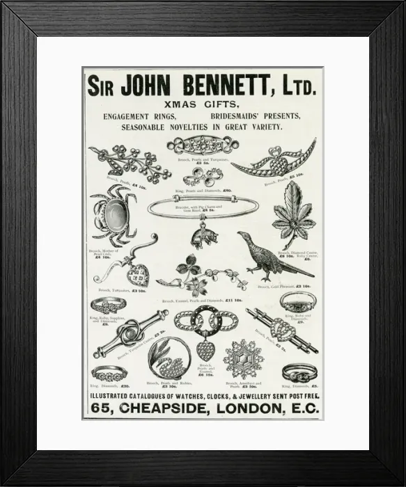Framed Print : Advert for John Bennett jewellers, novelty jewellery 1901 Framed Print : Advert for John Bennett jewellers, novelty jewellery 1901