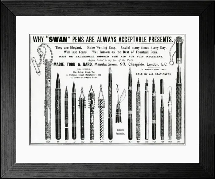 Framed Print : Advert for Swan fountain pens & leaded pencils 1901 Framed Print : Advert for Swan fountain pens & leaded pencils 1901