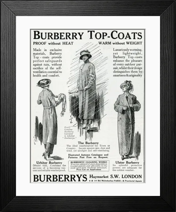 Framed Print : Advert for Burberry top coats 1914 Framed Print : Advert for Burberry top coats 1914