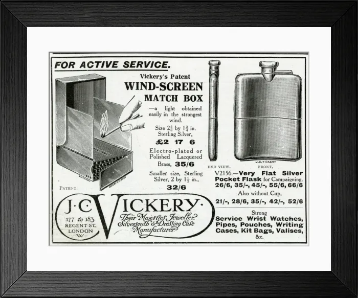 Framed Print : Advert for J. C Vickery wind screen for match box 1914 Framed Print : Advert for J. C Vickery wind screen for match box 1914