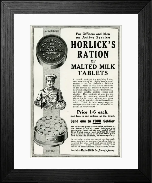 Framed Print : Advert for Horlicks ration of malted milk tablets 1916