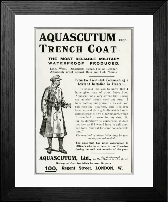 Framed Print : Advert for Aquascutum waterproof military coats 1916 Framed Print : Advert for Aquascutum waterproof military coats 1916