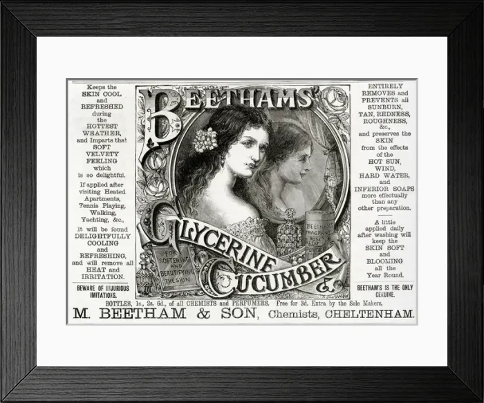 Framed Print : Advert for Beethams Glycerine Cucumber skin product 1889 Framed Print : Advert for Beethams Glycerine Cucumber skin product 1889