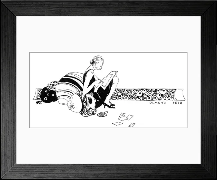 Framed Print : Stylish young lady writing a letter sitting on cushions Framed Print : Stylish young lady writing a letter sitting on cushions