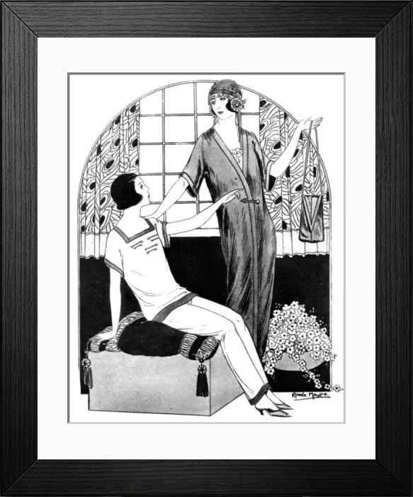 Framed Print : Stylish ladies in their nightwear discuss a handbag Framed Print : Stylish ladies in their nightwear discuss a handbag