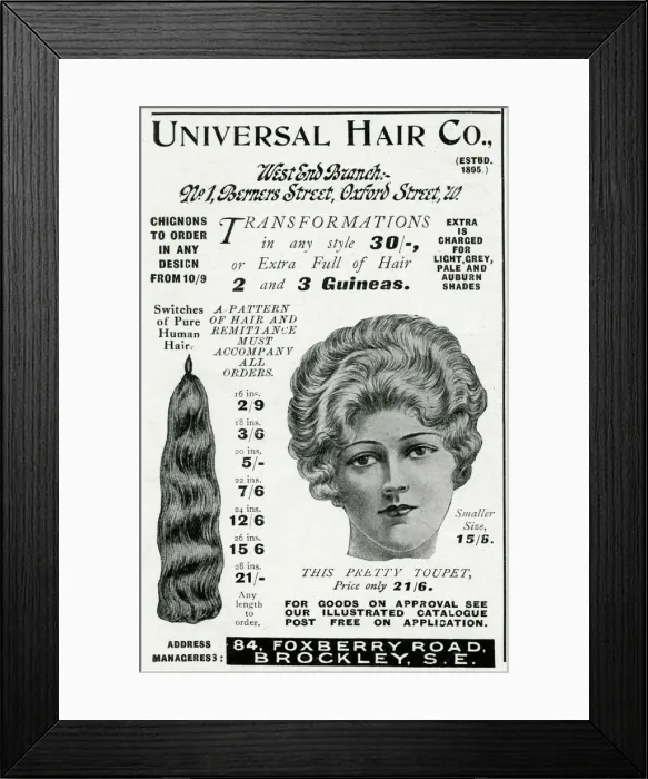 Framed Print : Advert for Universal hair extensions 1915 Framed Print : Advert for Universal hair extensions 1915