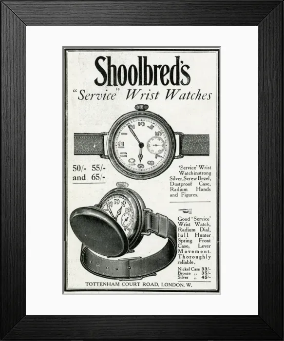 Framed Print : Advert for Shoolbreds wristwatch 1915 Framed Print : Advert for Shoolbreds wristwatch 1915