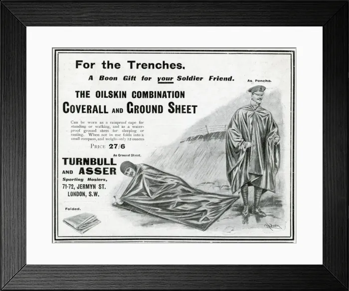 Framed Print : Advert for Turnbull and Asser poncho and ground-sheet 1915 Framed Print : Advert for Turnbull and Asser poncho and ground-sheet 1915