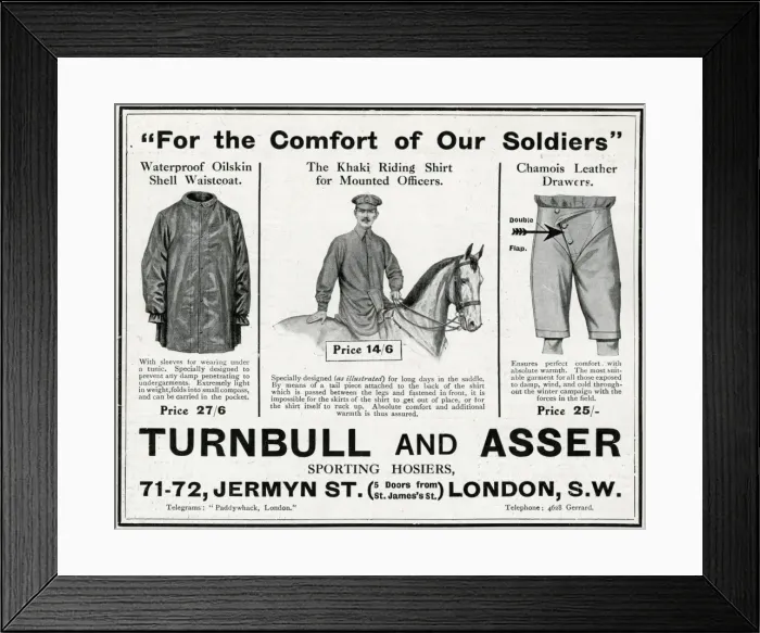 Framed Print : Advert for Turnbull and Asser comforts for soldiers 1915 Framed Print : Advert for Turnbull and Asser comforts for soldiers 1915