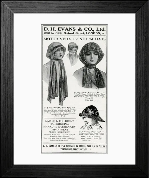 Framed Print : Advert for D. H Evans womens motor veils 1915 Framed Print : Advert for D. H Evans womens motor veils 1915