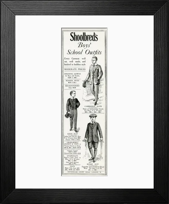 Framed Print : Advert for Shoolbreds boys school uniforms 1915