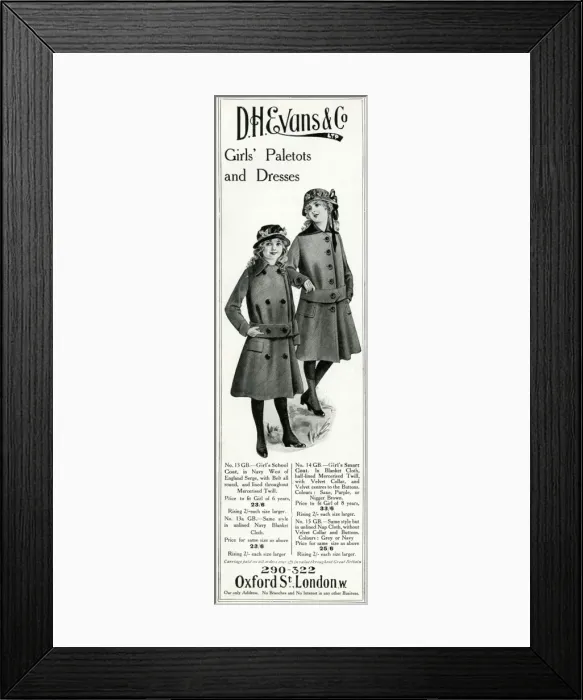 Framed Print : Advert for D. H Evans girls school uniforms 1915 Framed Print : Advert for D. H Evans girls school uniforms 1915
