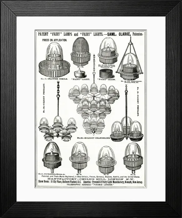 Framed Print : Advert for Clarkes Patent Fairy lamps & lights 1888 Framed Print : Advert for Clarkes Patent Fairy lamps & lights 1888