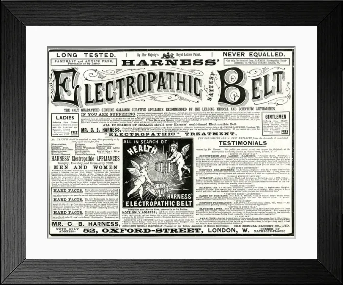 Framed Print : Advert for Harness Electropathic corset belts 1888 Framed Print : Advert for Harness Electropathic corset belts 1888