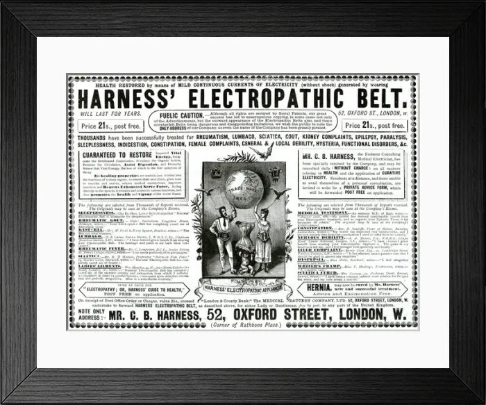 Framed Print : Advert for Harness Electropathic corset belts 1888 Framed Print : Advert for Harness Electropathic corset belts 1888