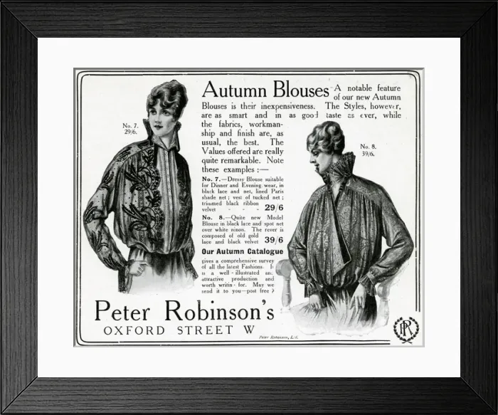 Framed Print : Advert for Peter Robinsons womens dressy blouses 1915
