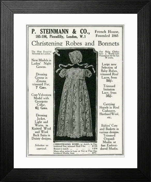 Framed Print : Advert for P. Steinmann & Co Christening robes 1926