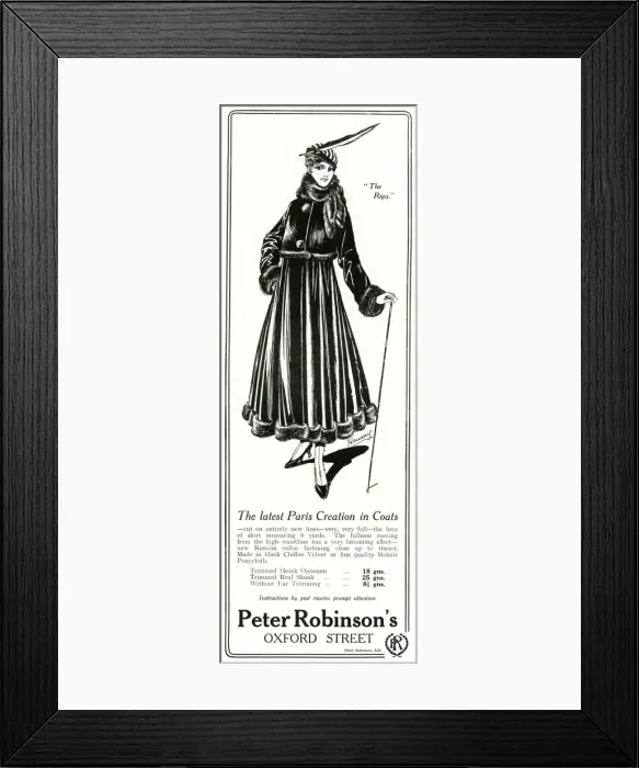 Framed Print : Advert for Peter Robinsons womens fur trim coat 1915 Framed Print : Advert for Peter Robinsons womens fur trim coat 1915