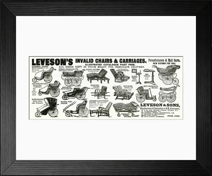 Framed Print : Advert for Levesons invalid chairs and carriages 1905 Framed Print : Advert for Levesons invalid chairs and carriages 1905