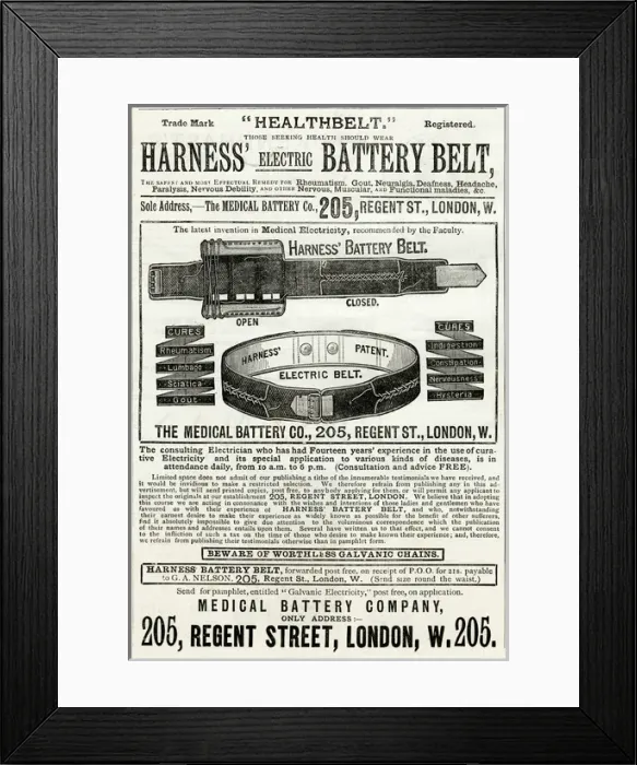 Framed Print : Advert for Harness Electric Battery Belt 1884 Framed Print : Advert for Harness Electric Battery Belt 1884
