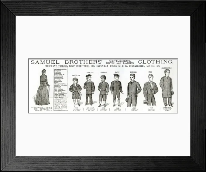 Framed Print : Advert for Samuel Brothers boys outfits 1884 Framed Print : Advert for Samuel Brothers boys outfits 1884