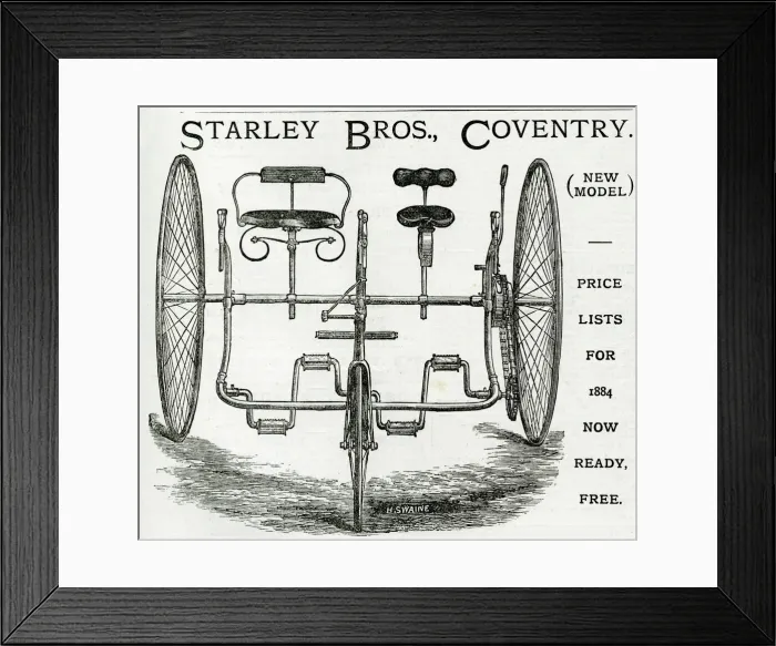 Framed Print : Advert for Starley Bros. Coventry tandem tricycle 1884 Framed Print : Advert for Starley Bros. Coventry tandem tricycle 1884