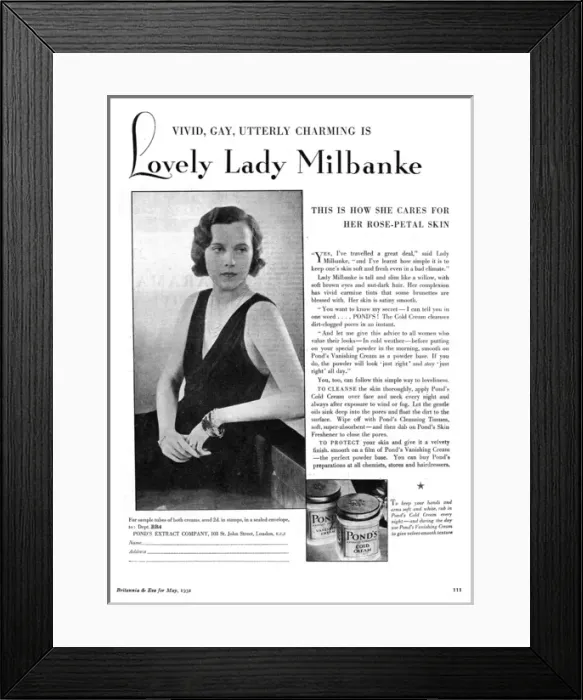 Framed Print : Ponds Cream advertisement featuring Lady Milbanke Framed Print : Ponds Cream advertisement featuring Lady Milbanke