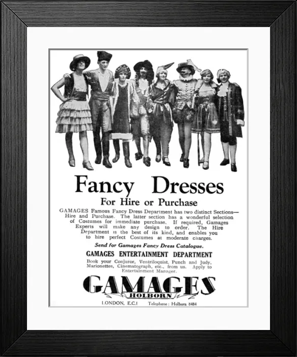 Framed Print : Gamages Fancy Dress advertisement Framed Print : Gamages Fancy Dress advertisement