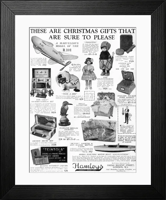Framed Print : Hamleys Christmas presents advertisement, 1929 Framed Print : Hamleys Christmas presents advertisement, 1929