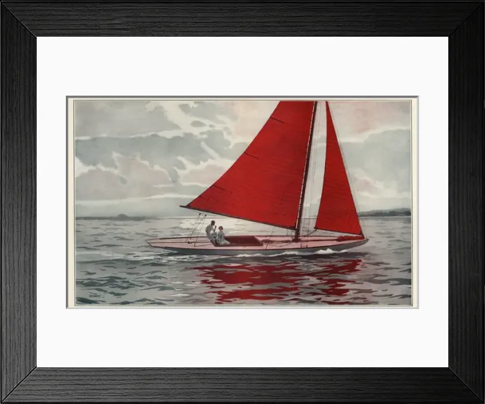 Framed Print : Red Wings. A couple relax on a striking red-sailed yacht.. 1928 Framed Print : Red Wings. A couple relax on a striking red-sailed yacht.. 1928