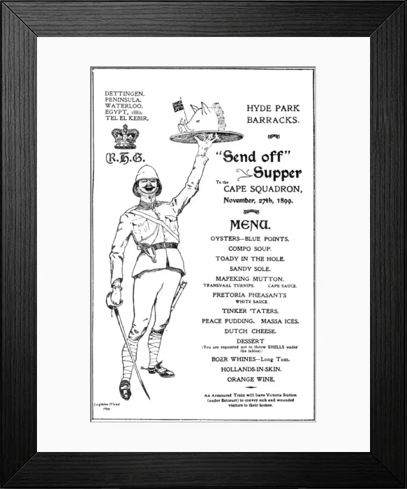 Framed Print : Menu card for send off supper for Cape Squadron, Boer War Framed Print : Menu card for send off supper for Cape Squadron, Boer War