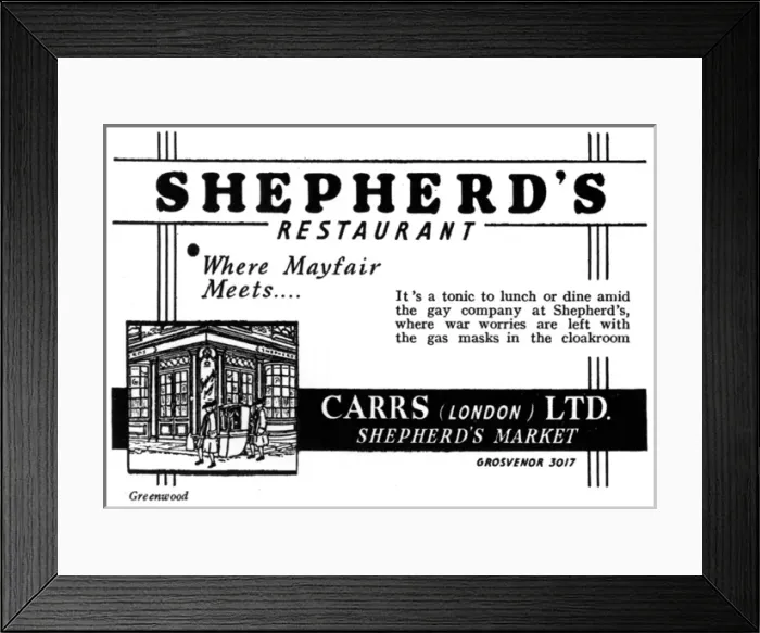 Framed Print : Wartime Advertisement for Shepherds Restaurant, Grosvenor