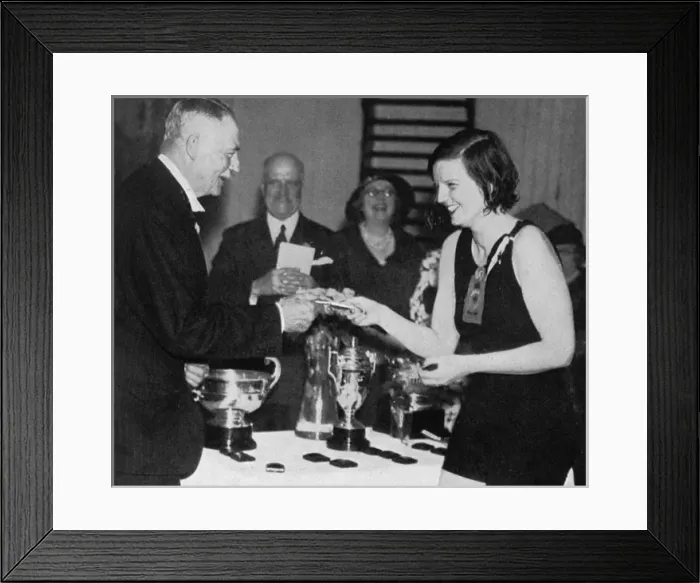 Framed Print : Lady Alington presented with swimming prize, Bath Club Framed Print : Lady Alington presented with swimming prize, Bath Club